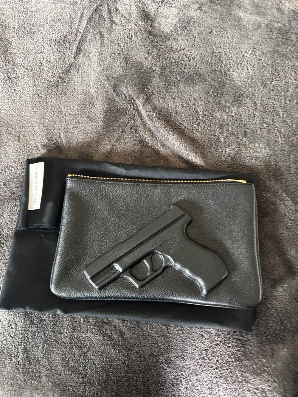Black Leather Gun-Appliqué Clutch